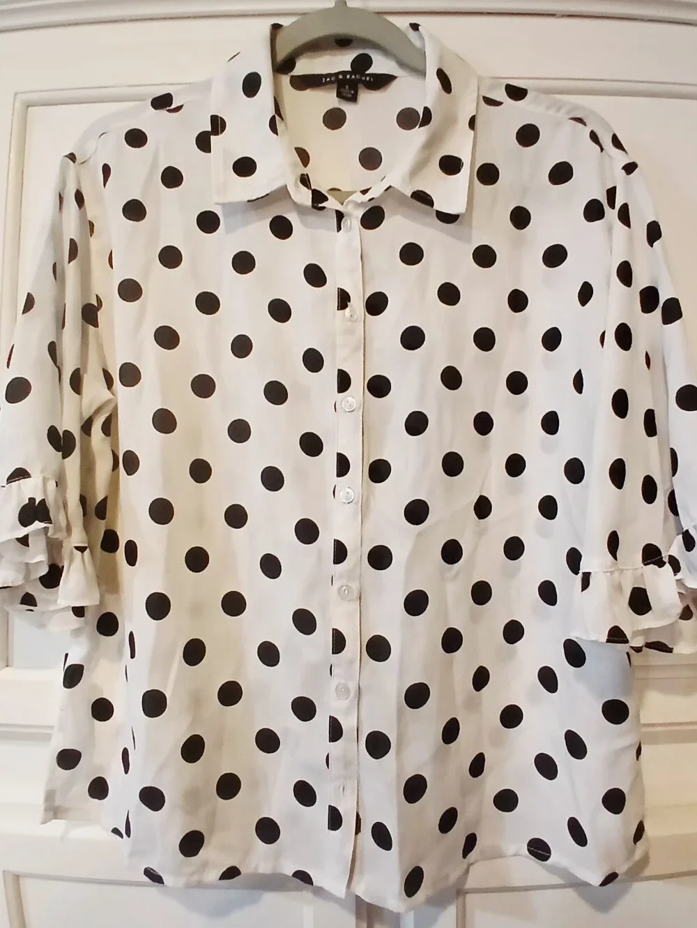 Zac & Rachel white & black polka-dot button-up blouse, short ruffle sleeves, S